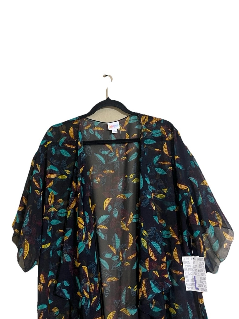 LuLaRoe Kimono Sz L MONROE Draped Collar Sheer Black Leaf Print Fringe Feminine - Picture 4 of 8